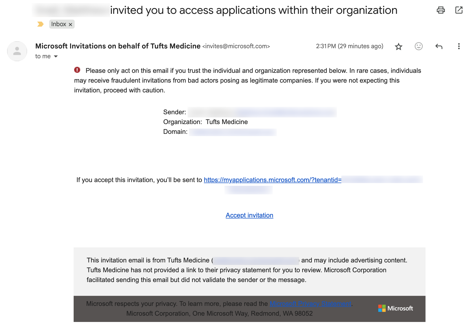 Invitation email from Tufts Medicine