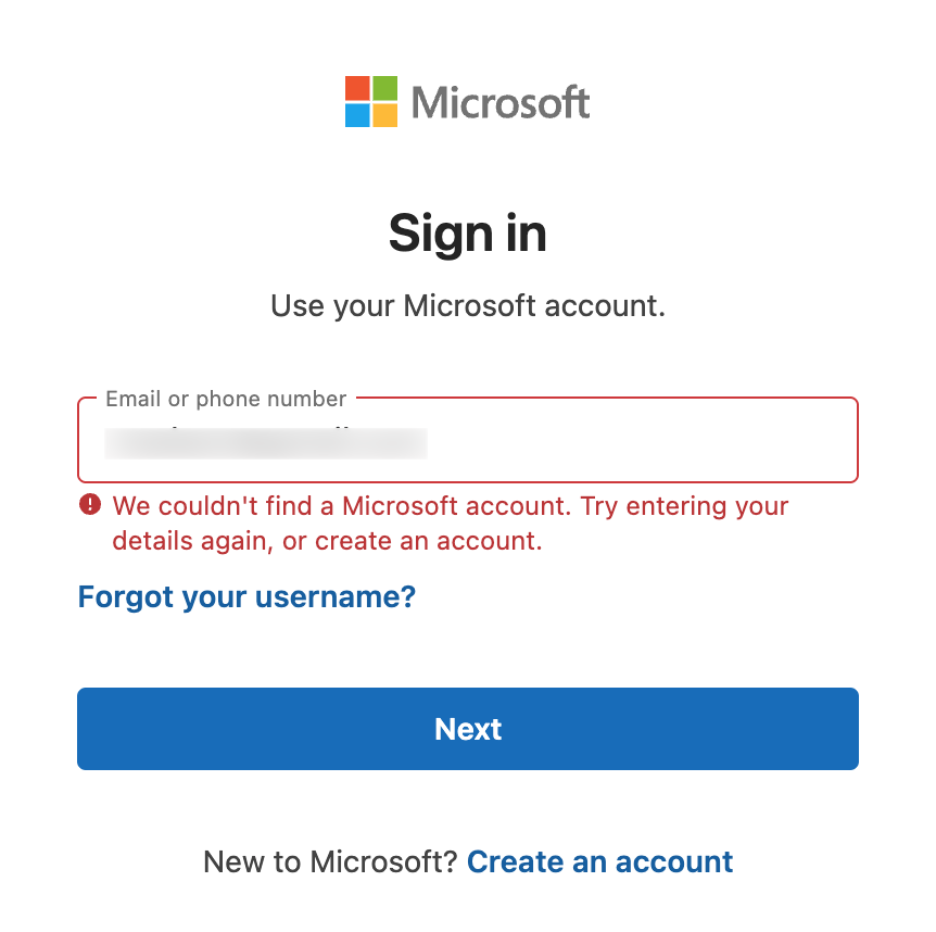 Microsoft sign-in page showing account not found