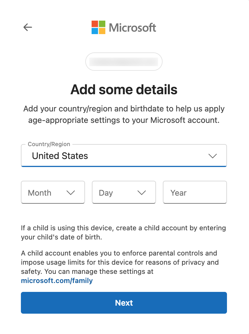 Account details setup page