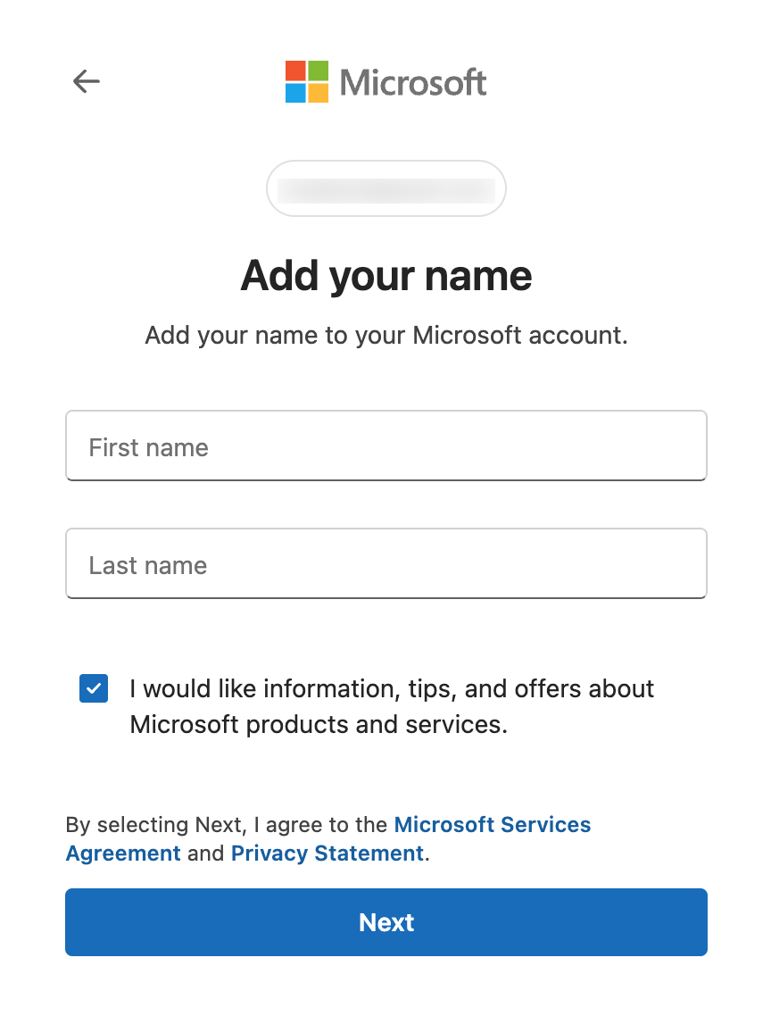 Name setup page