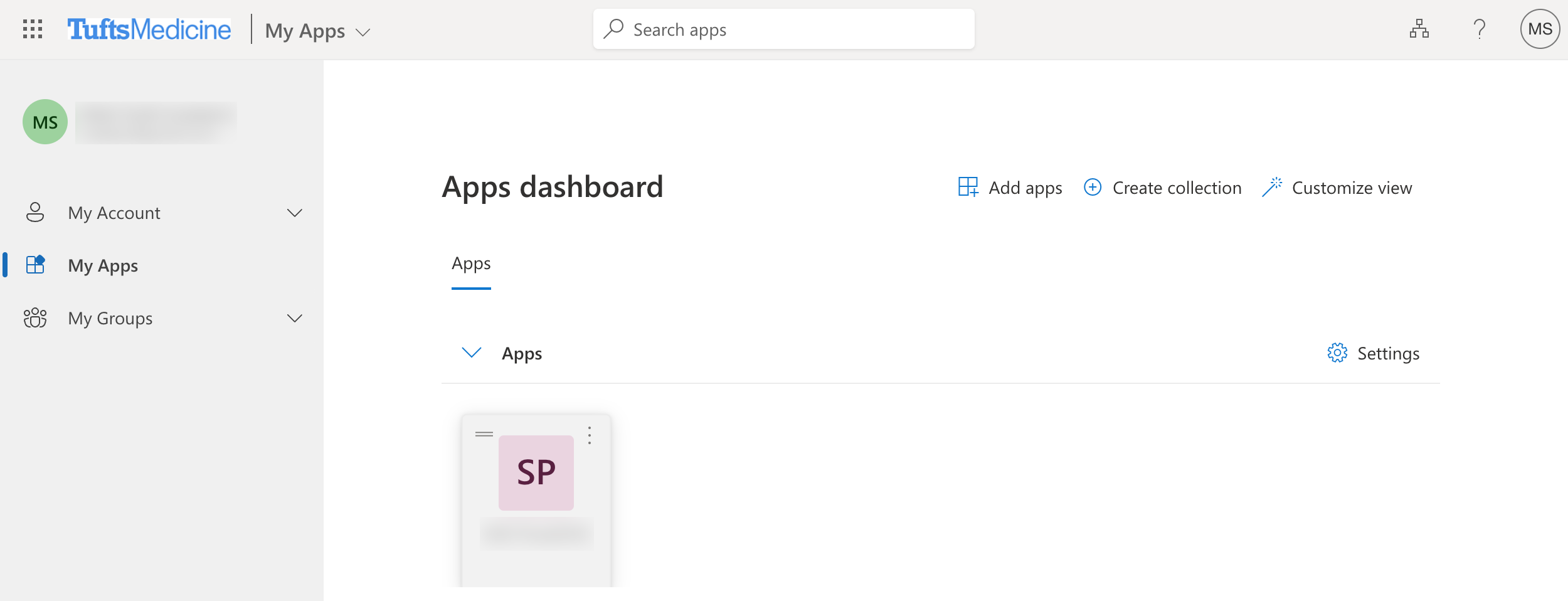 Tufts Medicine Apps dashboard